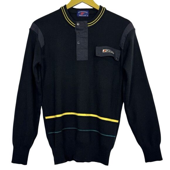 Vintage Mens Yachting Sweater 1/4 Buttons Jumper Size 3 Fit Medium Black Patches - Picture 1 of 6